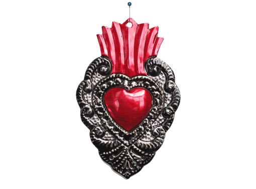 Tin Heart Wall Art, Black with Red Flame, by HG