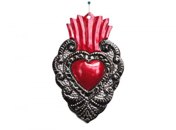 Tin Heart Wall Art, Black with Red Flame, by HG