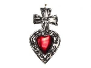 Red Heart with Silver Cross #1, antique finish, tin art by FA