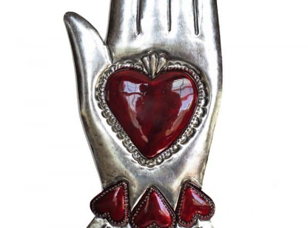 Heart In Hand Ornament Closeup, Mexican tin art, by Conrado, 9.5-inch