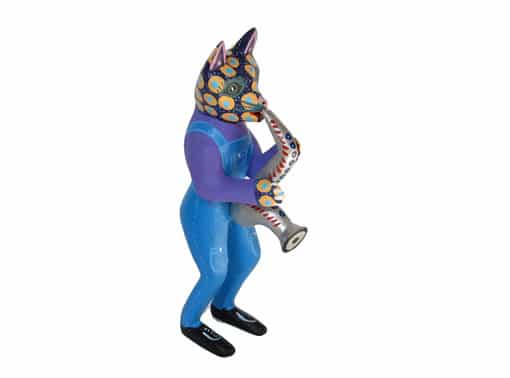 Cat Saxophonist Nahual, Oaxacan Wood Carving, 7.5-inch tall, right side view