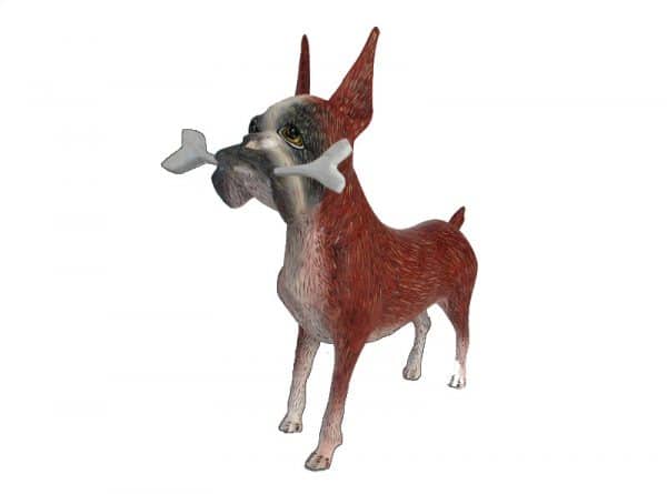 Dog, Boxer w/Bone, Oaxacan Wood Carving, red