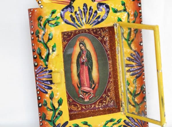 Lady Guadalupe Yellow Nicho, in hand-painted yellow frame, 6 inch, close up view