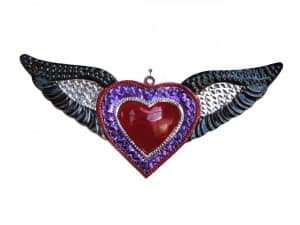 Tin Heart with Wings, purple accent, wall decor by HG, 11-inch