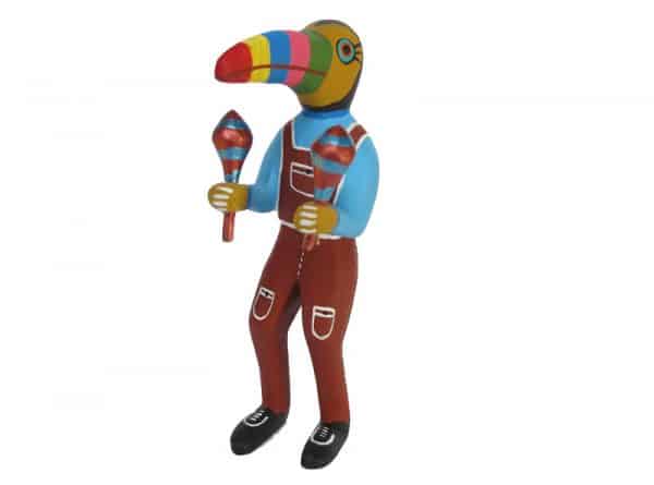 Toucan Playing Maracas, Oaxacan Wood Carving, 7.5-inch tall, front view