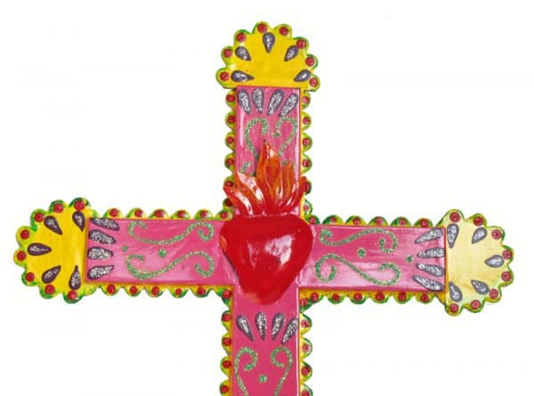 Pink Wall Cross With Red Heart, Close Up View