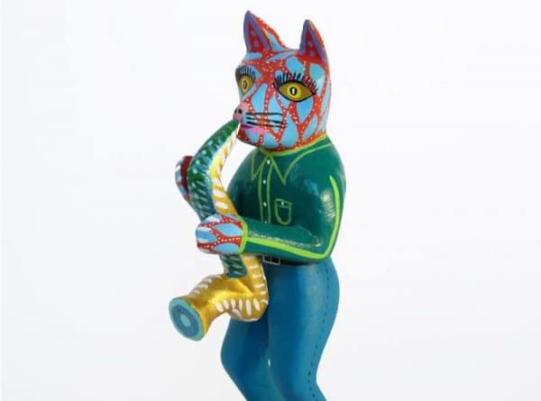 Cat Saxophonist Nahual, Oaxacan Wood Carving, 7.5-inch tall, front close up view