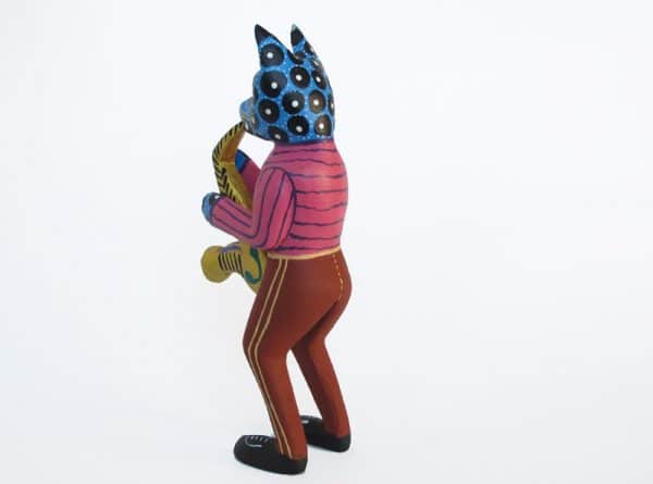 Cat Saxophonist Nahual, Oaxacan Wood Carving, 7.5-inch tall, back side view