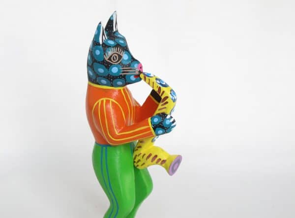 Cat Saxophonist Nahual, Oaxacan Wood Carving, 7.5-inch tall, close up