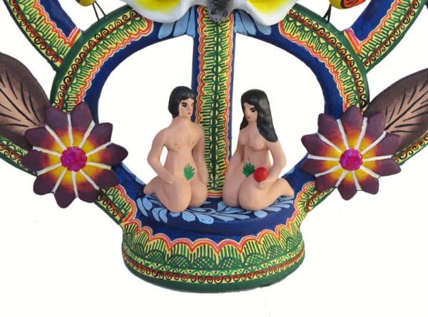 Adam & Eve, Mexican Pottery Candelabra (blue-green), 27 cm.