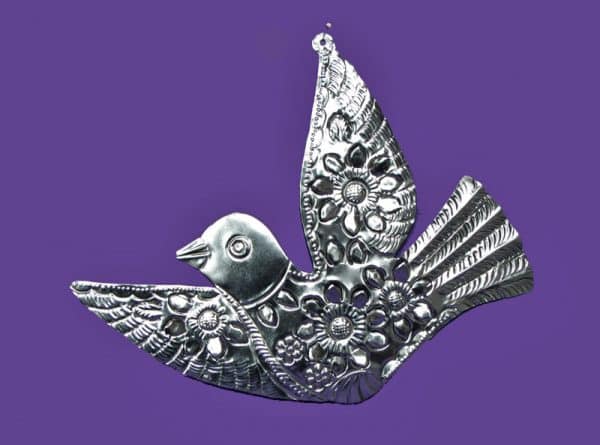 Bird with cut flowers, tin wall decor, 12 inches