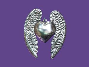 Tin Heart with Angel Wings, silver color, 5-inch