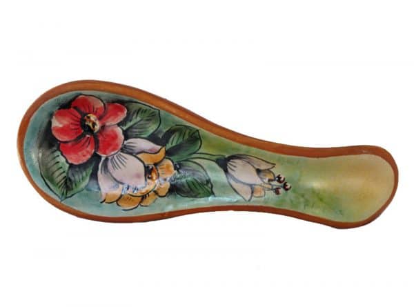 Spoon Rest With Red & White Flowers, By Mayólica Santa Rosa, Horizontal View