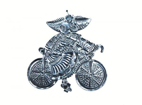 Cycling Catrina Wearing Purple Plaque, back view