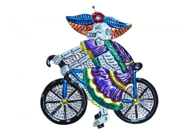 Catrina on Bicycle, Mexican tin art wall art, purple dress, 6.5-inch long