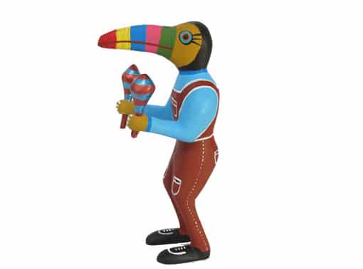 Toucan Playing Maracas, Oaxacan Wood Carving, 7.5-inch tall, left side view