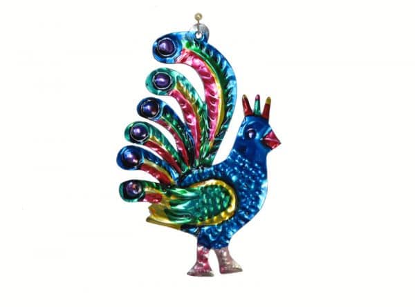 Blue Peacock Ornament, Mexican tin ornament