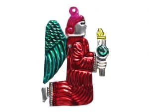 Angel kneeling, Mexican tin ornament, red gown