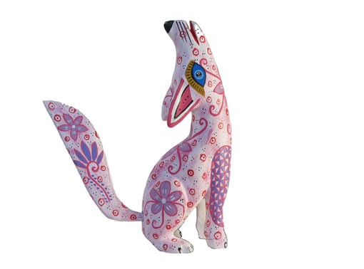 Coyote, Alebrije Wood Carving, white/pink, 8-inch