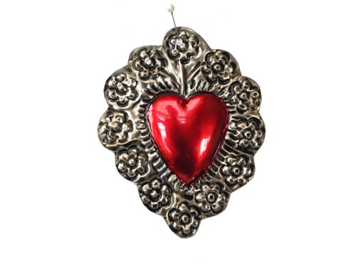 Heart with Flowers Border, Mexican Tin Ornament, 4-inch