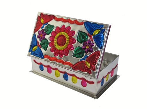 Embossed Tin Box, Design #1, (flower & 4 butterflies), 6 inches long