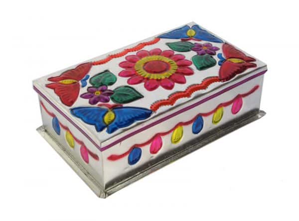 Embossed Tin Box, Design #1, (flower & 4 butterflies), 6 inches long
