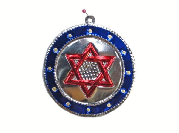 Star of David, tin ornament, red in blue, 4-inch