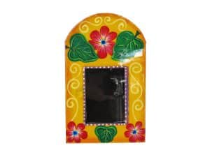 Mexican Tin Nicho, Empty Frame, hand-painted yellow with red flowers. Customize with your own photo