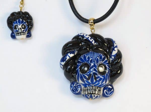 Skeleton Frida Kahlo, Pendant and Earrings, blue