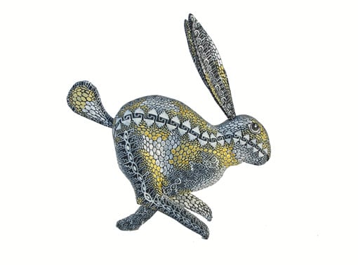 Running Rabbit Oaxaca Alebrije by Tribus Mixes, gold, black, white 5.5-inch long
