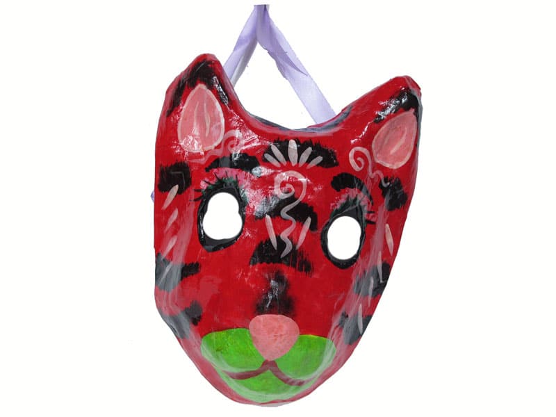 Red Cat Mask Paper Maché Art Handmade In Mexico