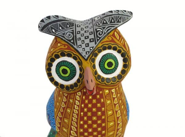 Owl Carving, tan body, close up view