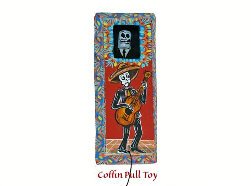 Coffin Pull Toy with Skeleton Guitarist Illustration, front