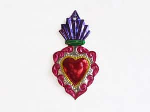Mexican Tin Milagro Heart with Purple Flame, by HG, 6-inch
