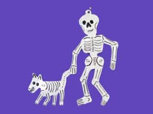 Skeleton Dog Walker, Mexican Tin Art Wall Decor, 8-inch