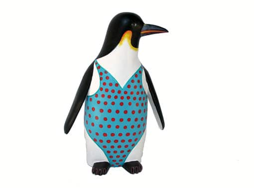 Penguin In Turquoise Dress, Oaxacan Carving by Avelino Perez, front view