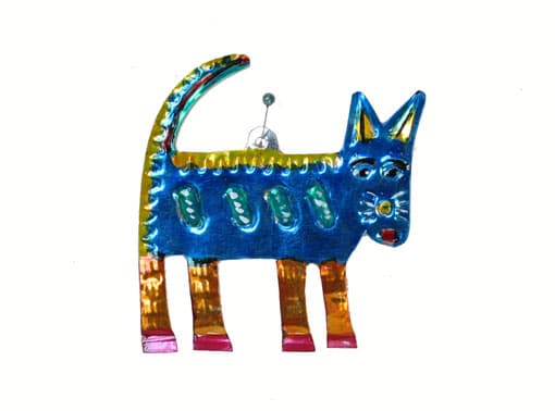 Cat, blue, Mexican tin ornament