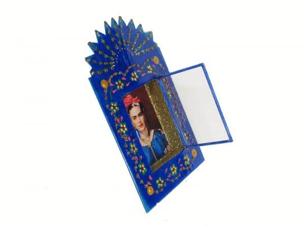Frida Kahlo, Mexican tin nicho wall art, blue, 8-inch