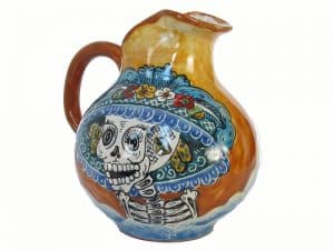 Pitcher with Hand-Painted Catrina Face, Mexican Pottery, tan