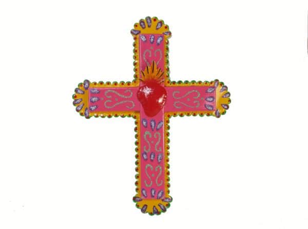 Pink Wall Cross With Red Heart, Front View