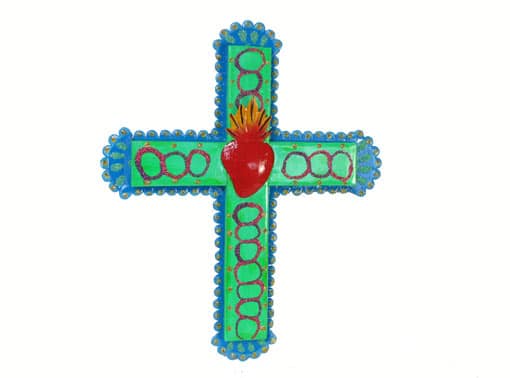 Tin Wall Cross, green with red heart, 13-inch