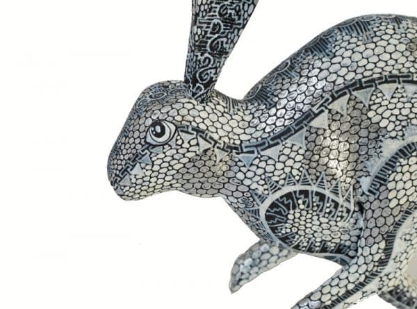 Running Rabbit Alebrije, by Tribus Mixes, black/silver/white, 5-inch long