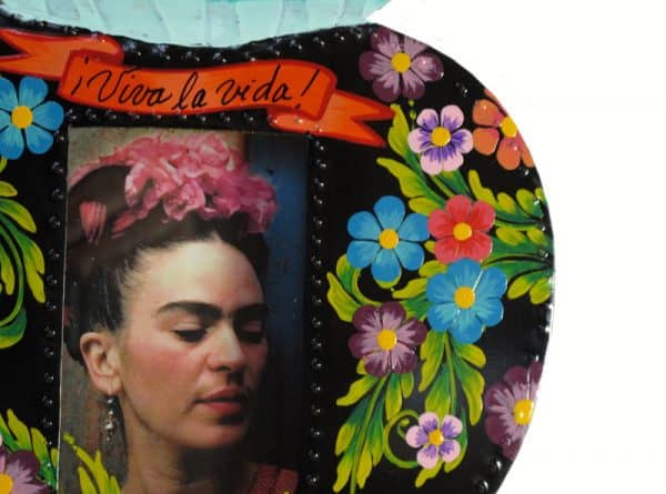 Mexican Tin Nicho, Frida Kahlo print in hand-painted heart, 11-inch