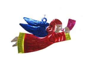 Angel Flying With Horn, Mexican tin Christmas ornament, 5.5-inch