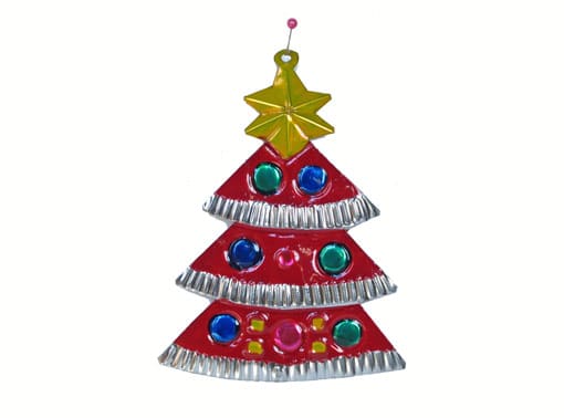 Christmas Tree, flat tin ornament, red, 5-inch