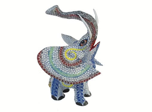 Silver Elephant Alebrije, Oaxacan Alebrije by Tribus Mixes, silver/pastels, 5.5-inch long, right side view