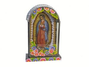 Mexican Tin Nicho, Lady of Guadalupe, hand-painted frame, 8.5 inches tall