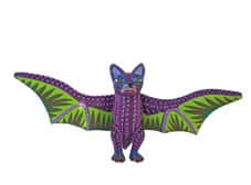 Bat Alebrije Carving, purple with green wings, 15-inch