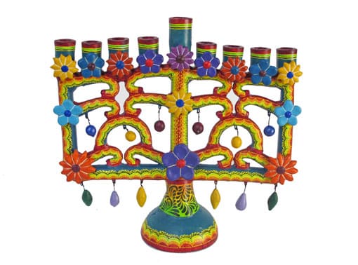 Yellow Menorah, Mexican Pottery, 27 cm, Front View
