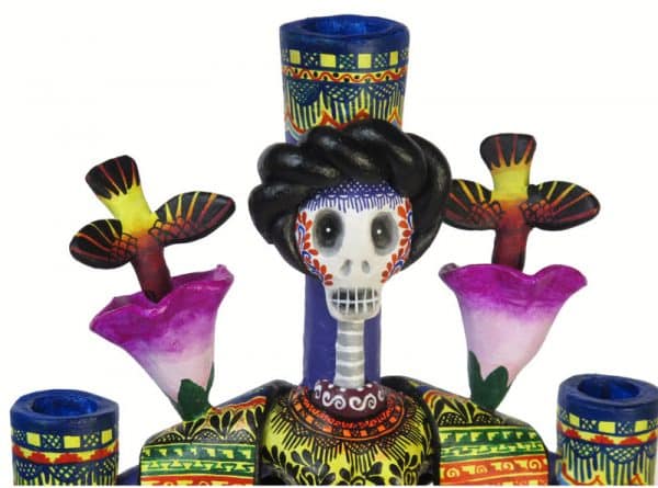 Colorful Skeleton Frida Kahlo Candelabra, Face Detail